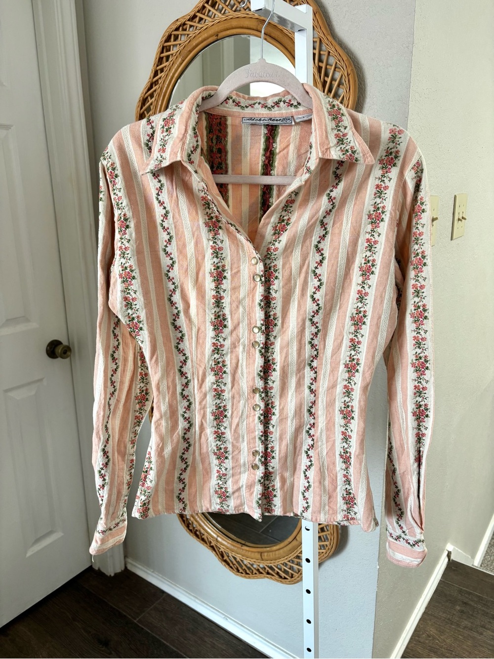 Vintage Floral Embroidered Pink White Striped Button Up Top Long Sleeve